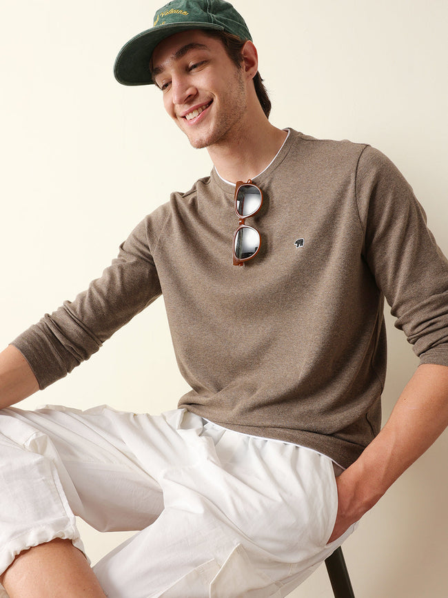Men Brown Cotton Solid T-Shirt