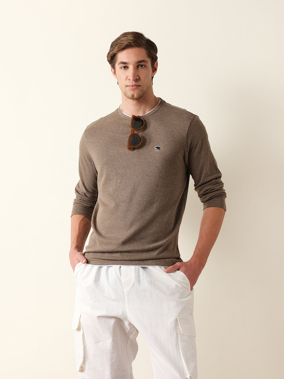 Men Brown Cotton Solid T-Shirt