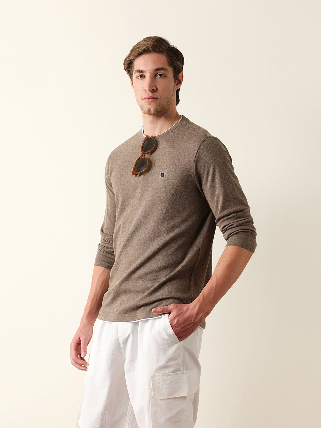 Men Brown Cotton Solid T-Shirt
