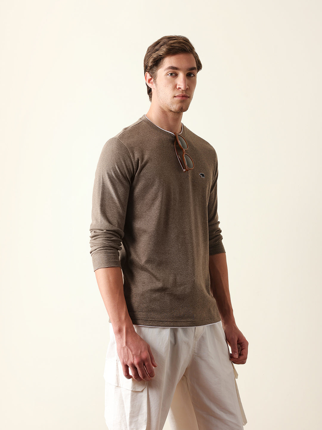 Men Brown Cotton Solid T-Shirt
