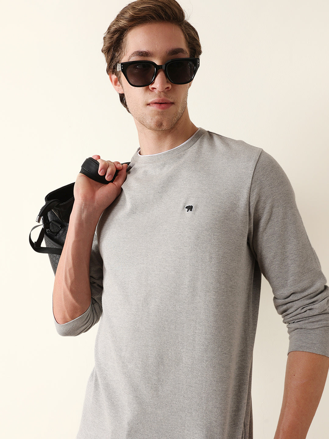 Men Grey Cotton Solid T-Shirt