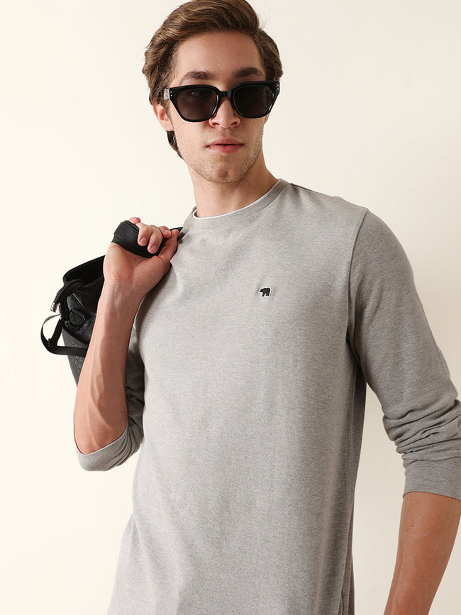 Men Grey Cotton Solid T-Shirt