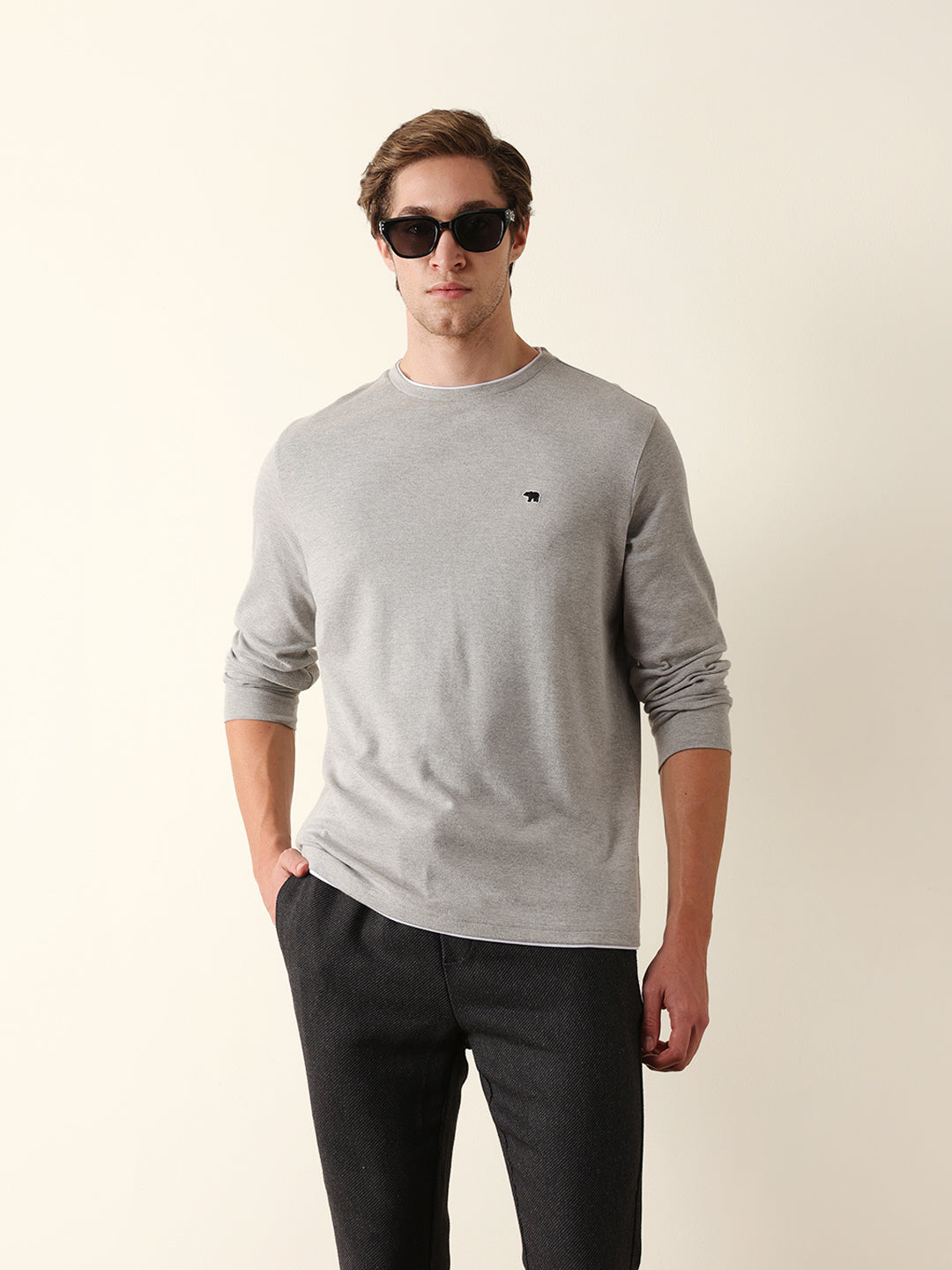 Men Grey Cotton Solid T-Shirt