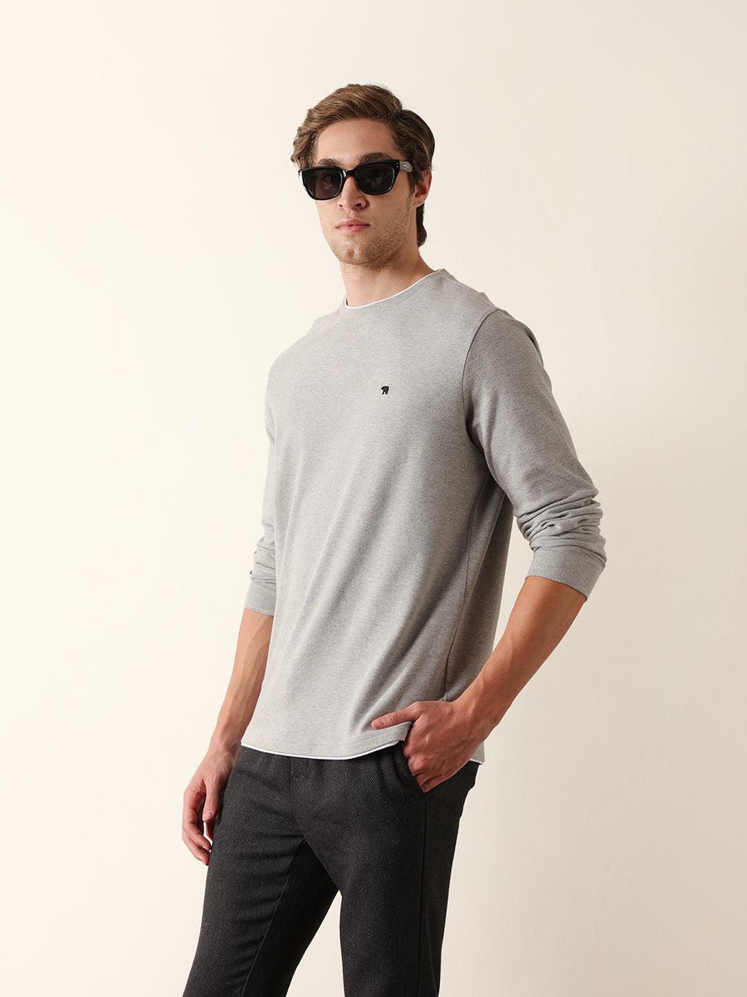 Men Grey Cotton Solid T-Shirt
