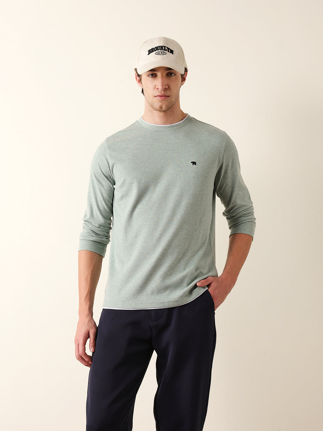 Men Green Solid Cotton Crew Neck T-Shirt