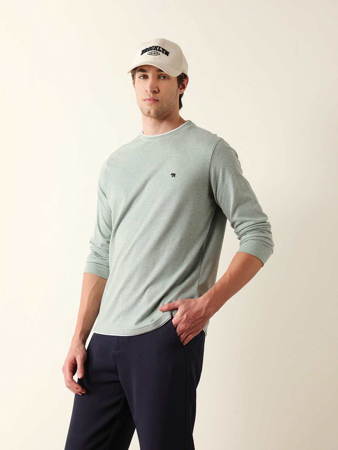 Men Green Solid Cotton Crew Neck T-Shirt