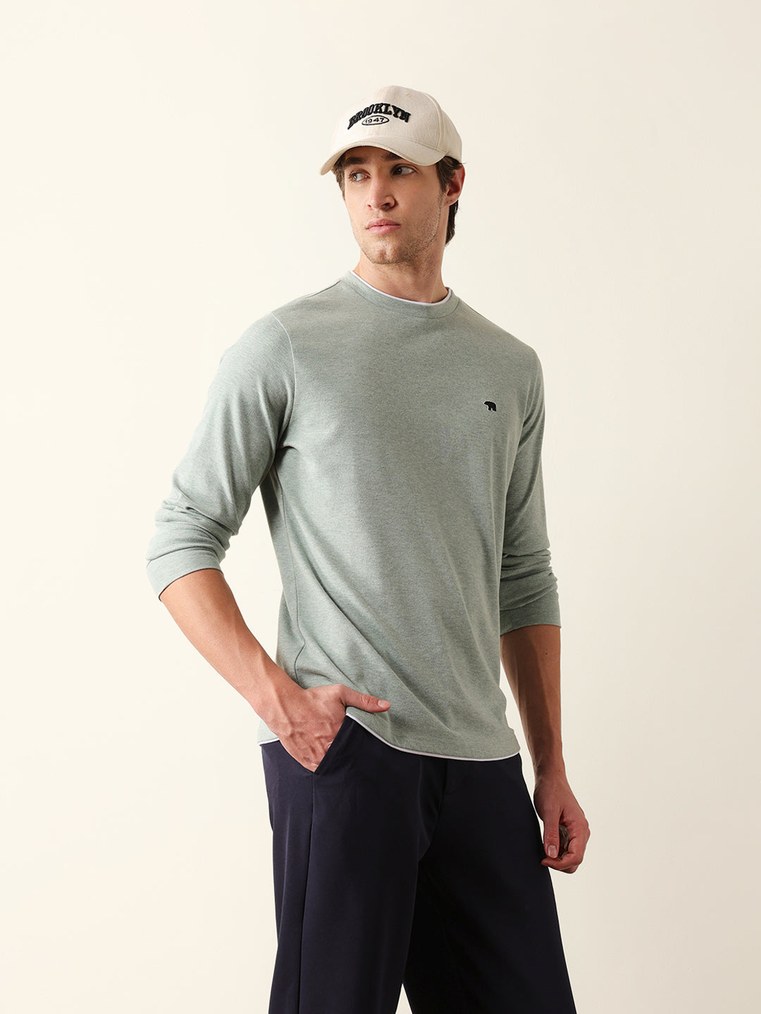 Men Green Solid Cotton Crew Neck T-Shirt
