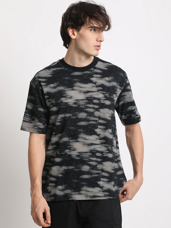 Men Grey Printed Oversized Fit Round Neck T-shirt