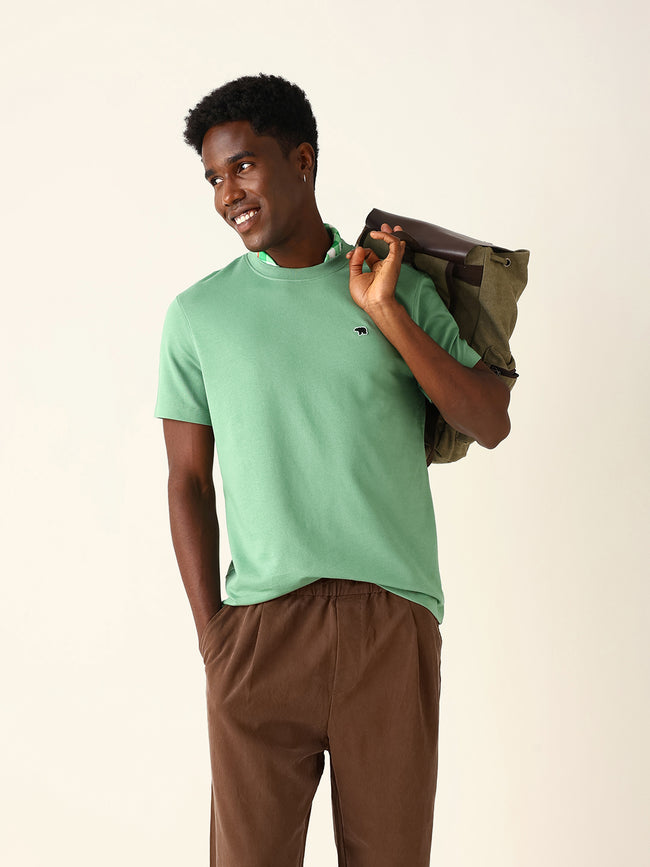 Men Green Solid Cotton T-Shirt