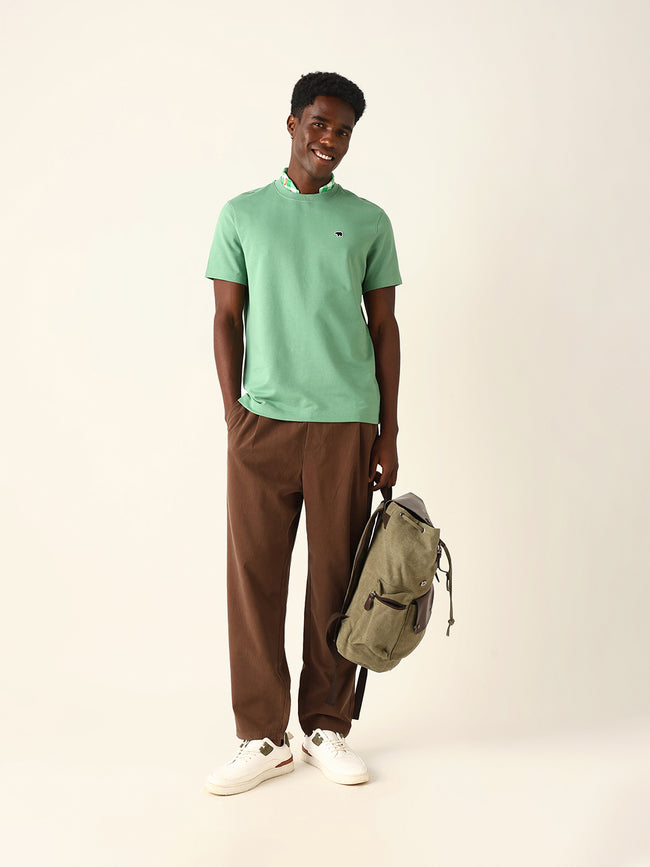 Men Green Solid Cotton T-Shirt