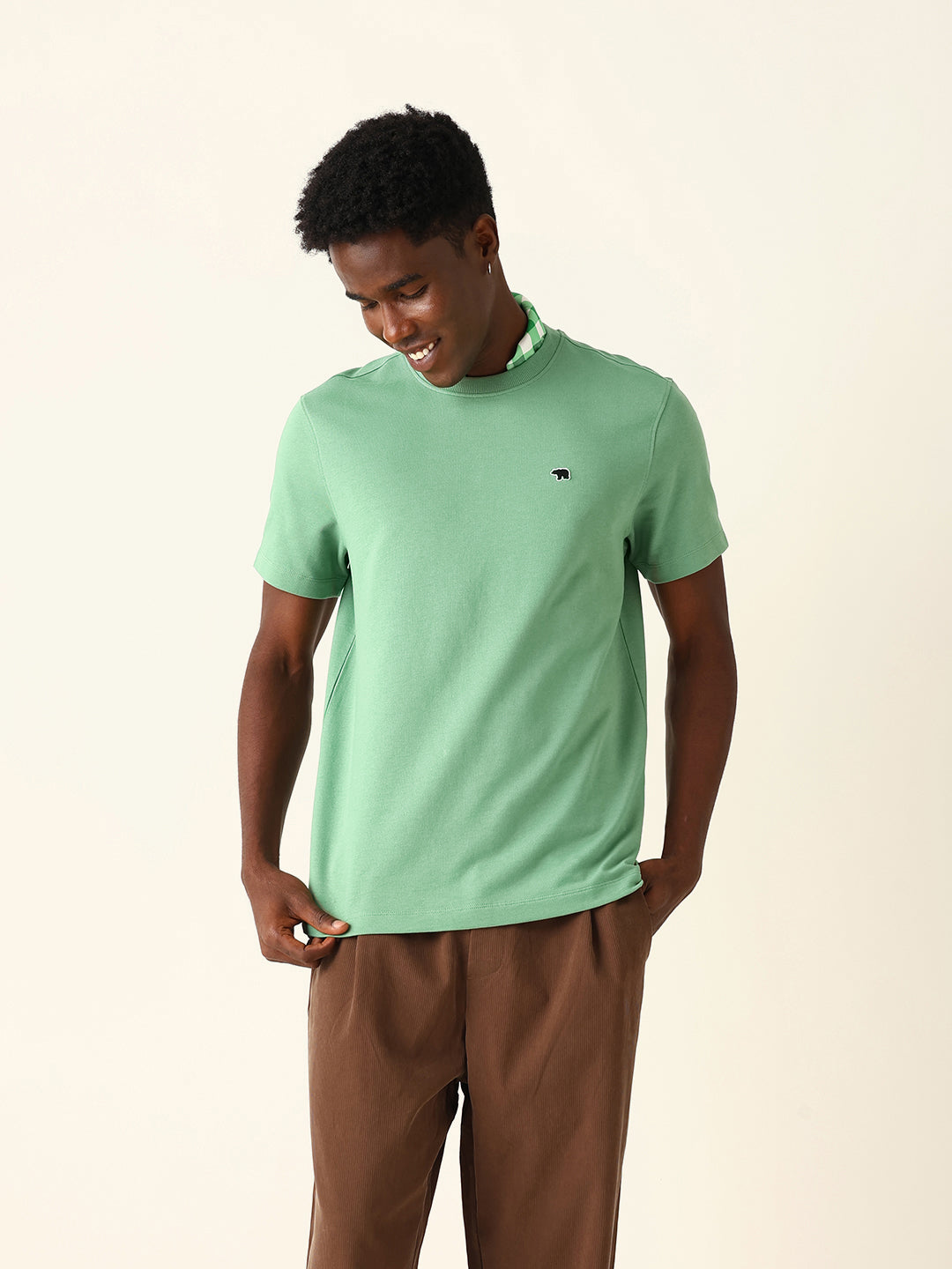 Men Green Solid Cotton T-Shirt