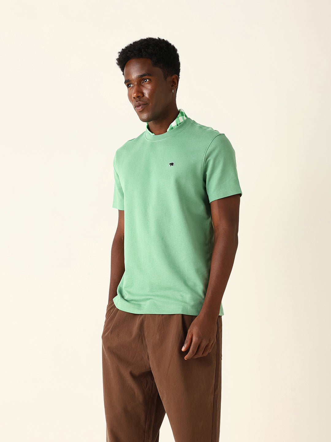 Men Green Solid Cotton T-Shirt