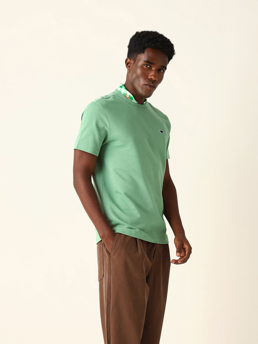Men Green Solid Cotton T-Shirt
