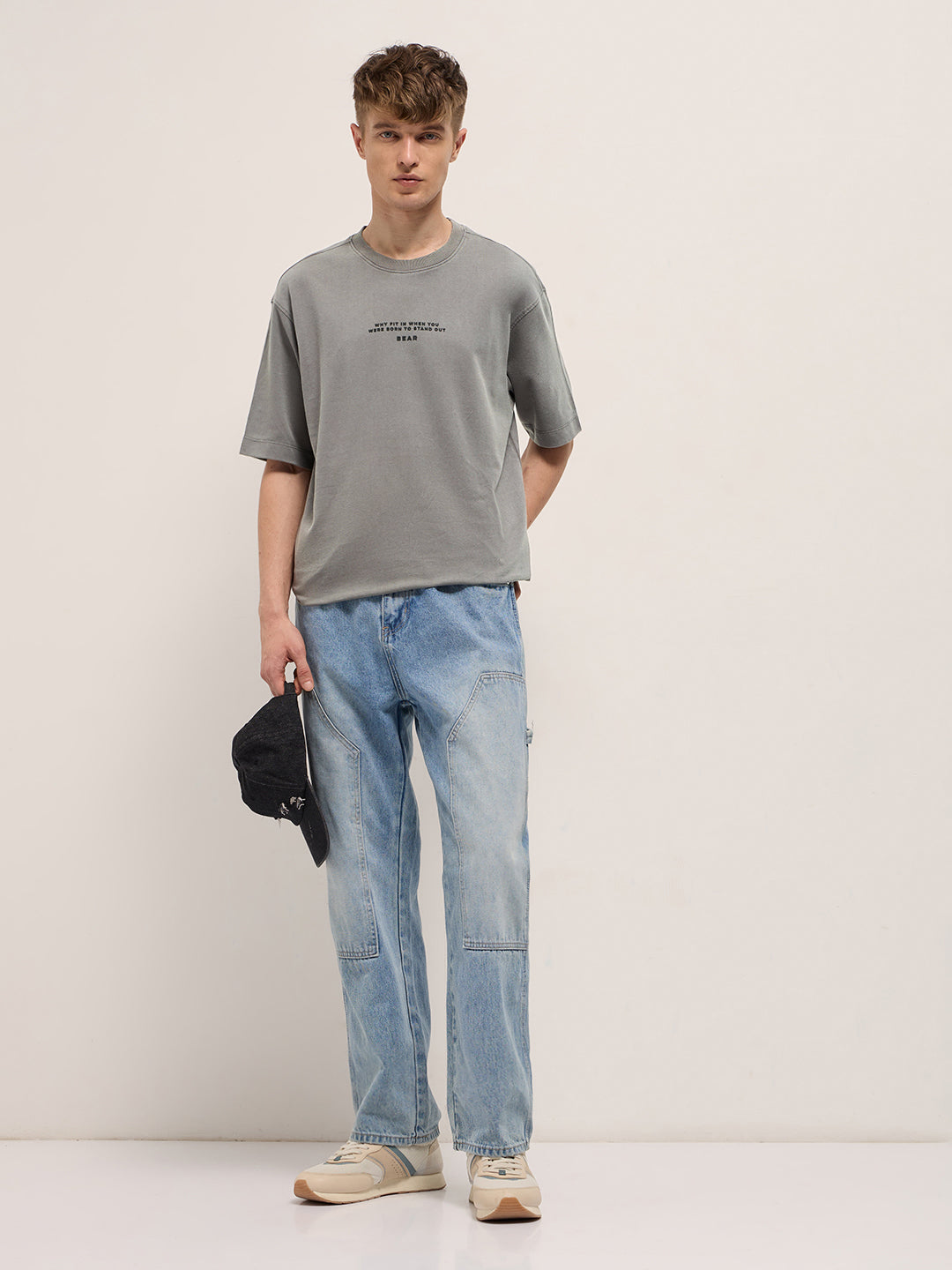 Men Grey Graphic Back Print Oversized Crew Neck T-Shirt