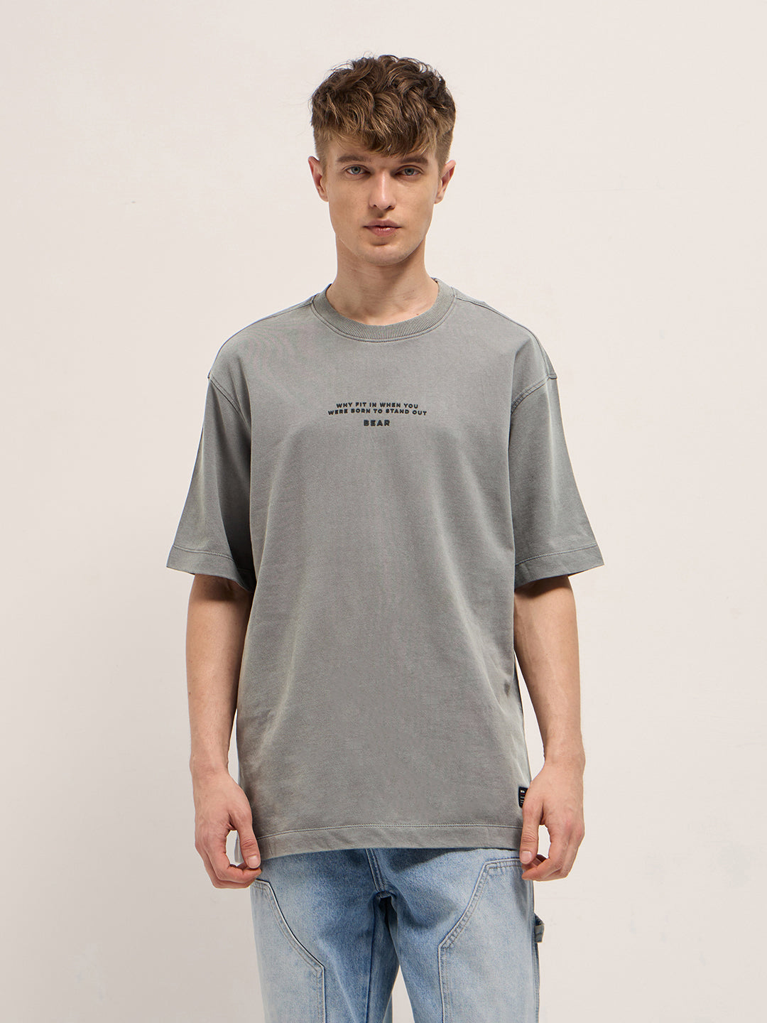 Men Grey Graphic Back Print Oversized Crew Neck T-Shirt