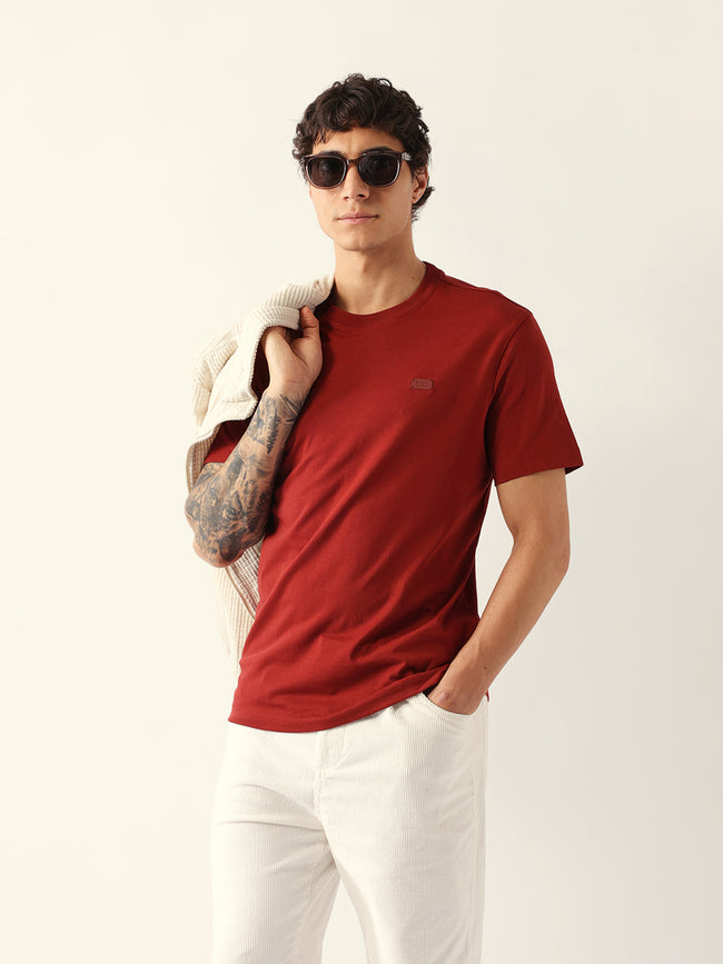 Men Rust Solid Cotton Crew Neck T-Shirt