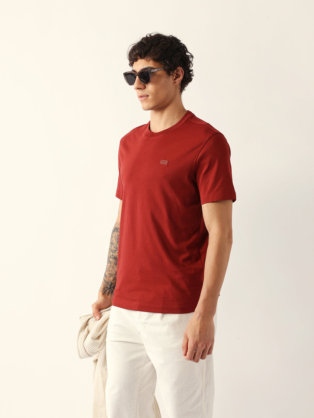 Men Rust Solid Cotton Crew Neck T-Shirt