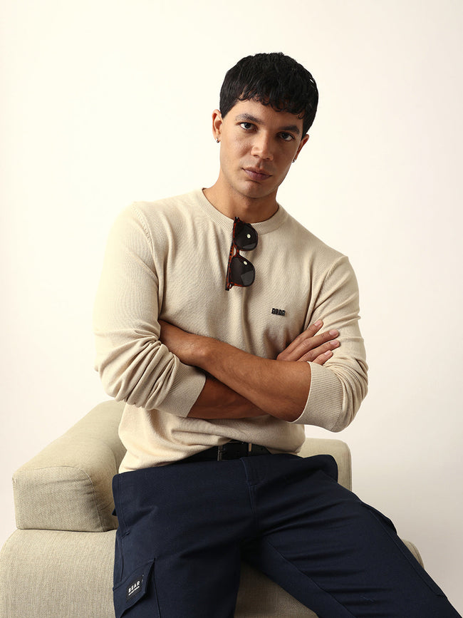 Men Beige Viscose Rayon Solid T-Shirt