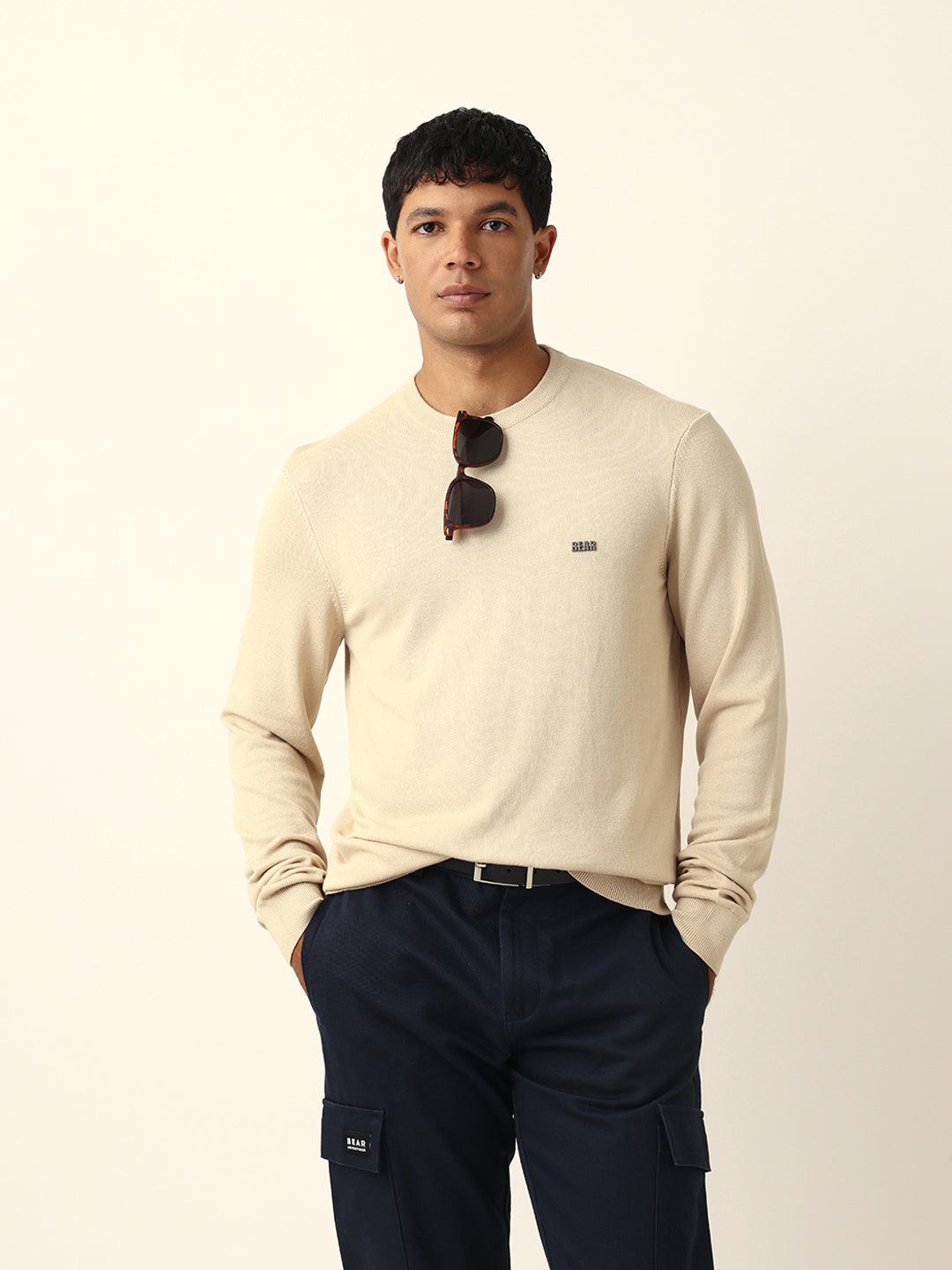 Men Beige Viscose Rayon Solid T-Shirt