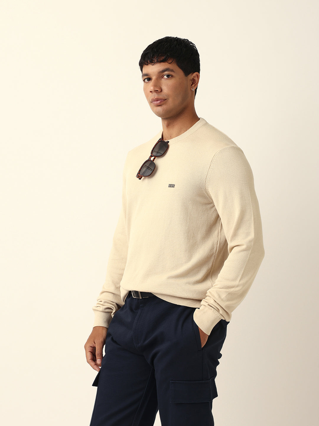 Men Beige Viscose Rayon Solid T-Shirt