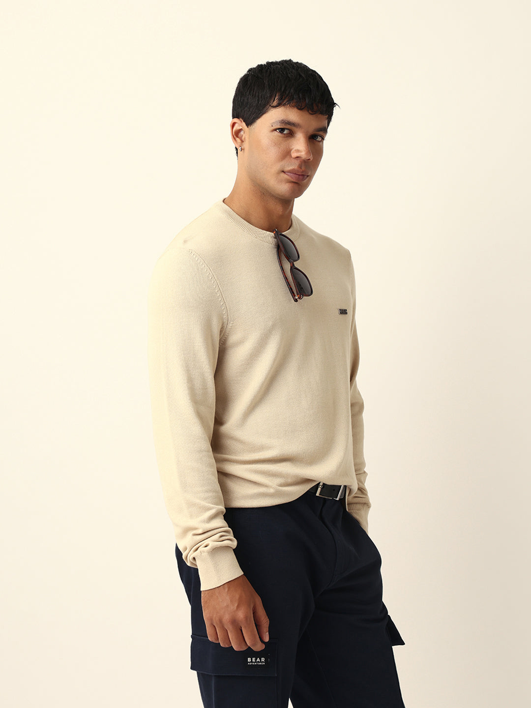 Men Beige Viscose Rayon Solid T-Shirt
