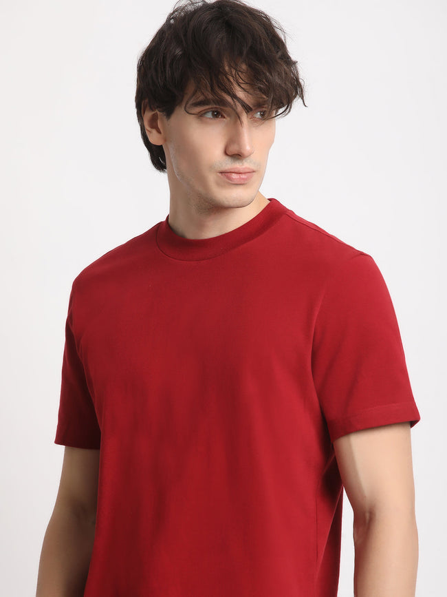 Men Maroon Solid Regular Fit Round Neck T Shirt | The Bear House