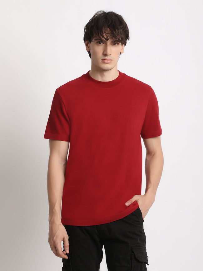 Men Maroon Solid Regular Fit Round Neck T Shirt | The Bear House