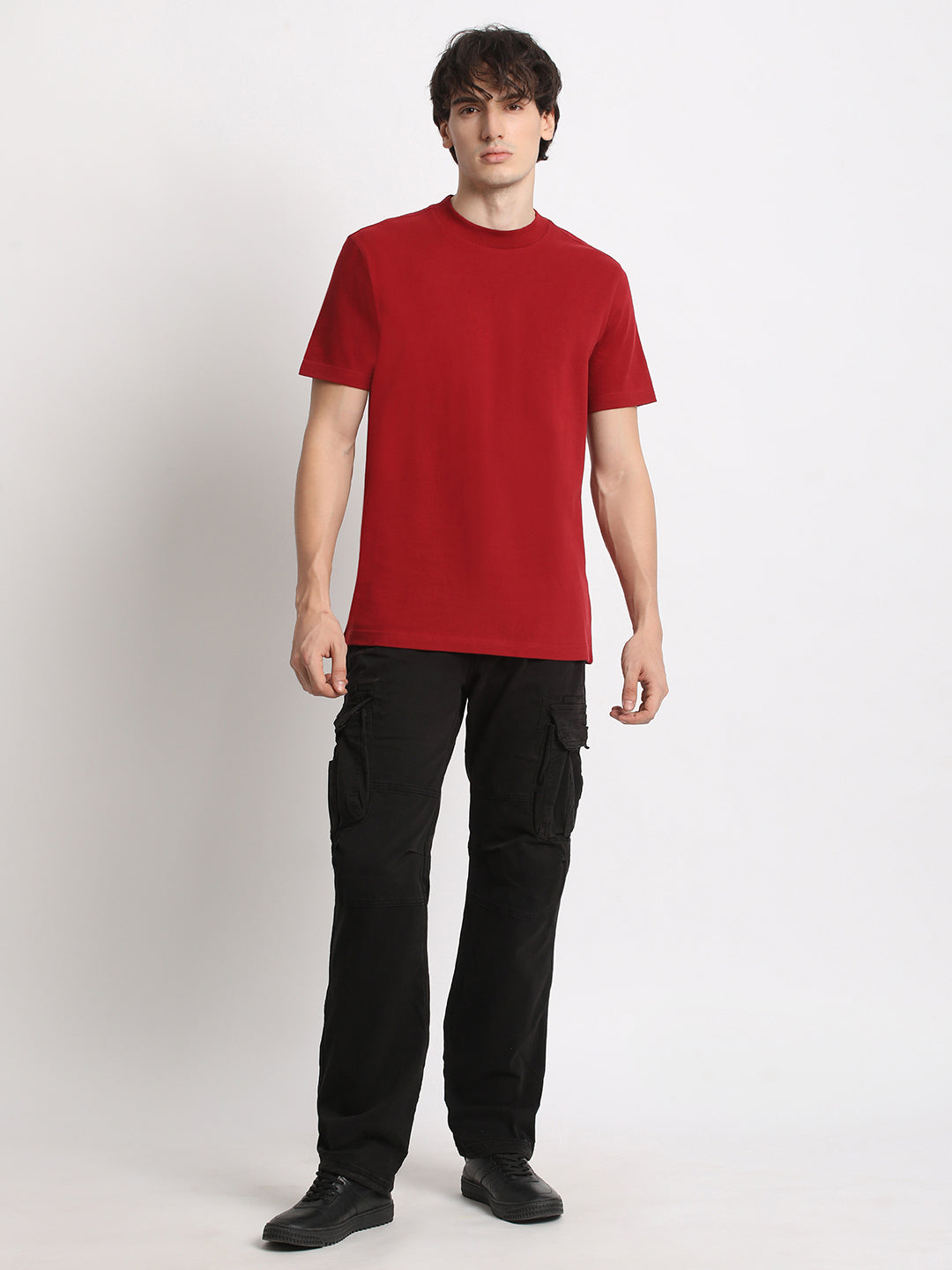 Men Maroon Solid Regular Fit Round Neck T Shirt | The Bear House