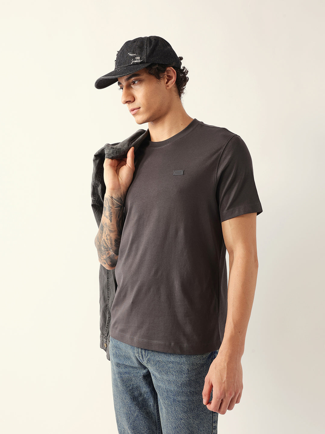 Men Grey Cotton Solid T-Shirt