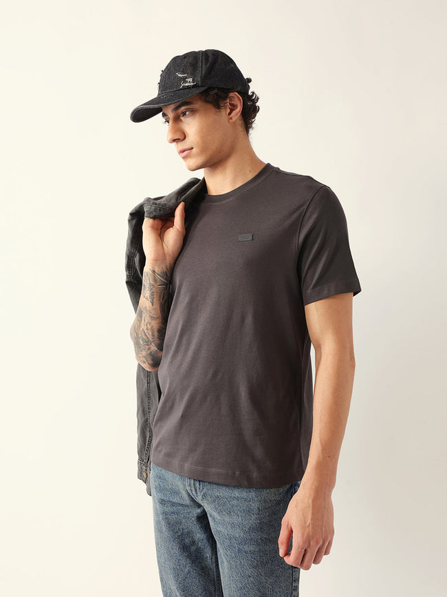 Men Grey Cotton Solid T-Shirt