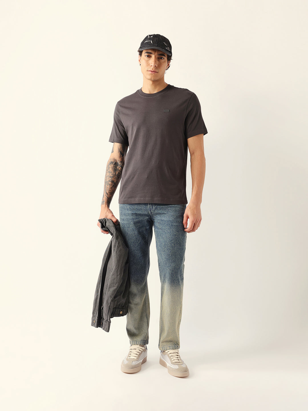 Men Grey Cotton Solid T-Shirt
