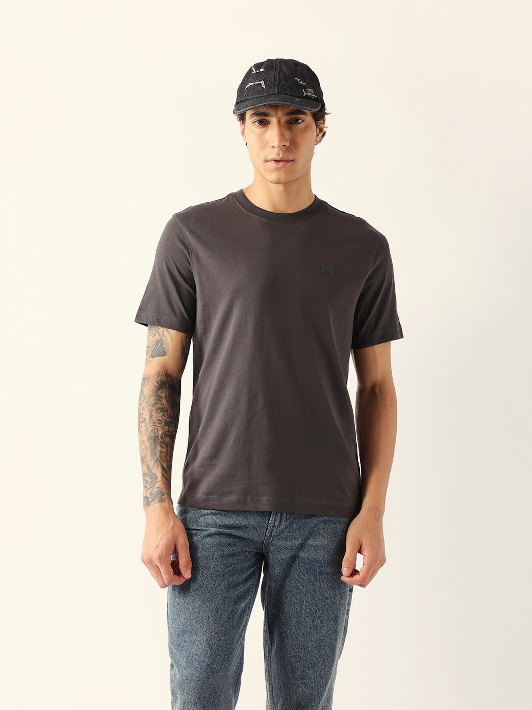 Men Grey Cotton Solid T-Shirt
