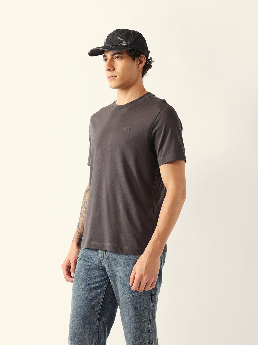 Men Grey Cotton Solid T-Shirt