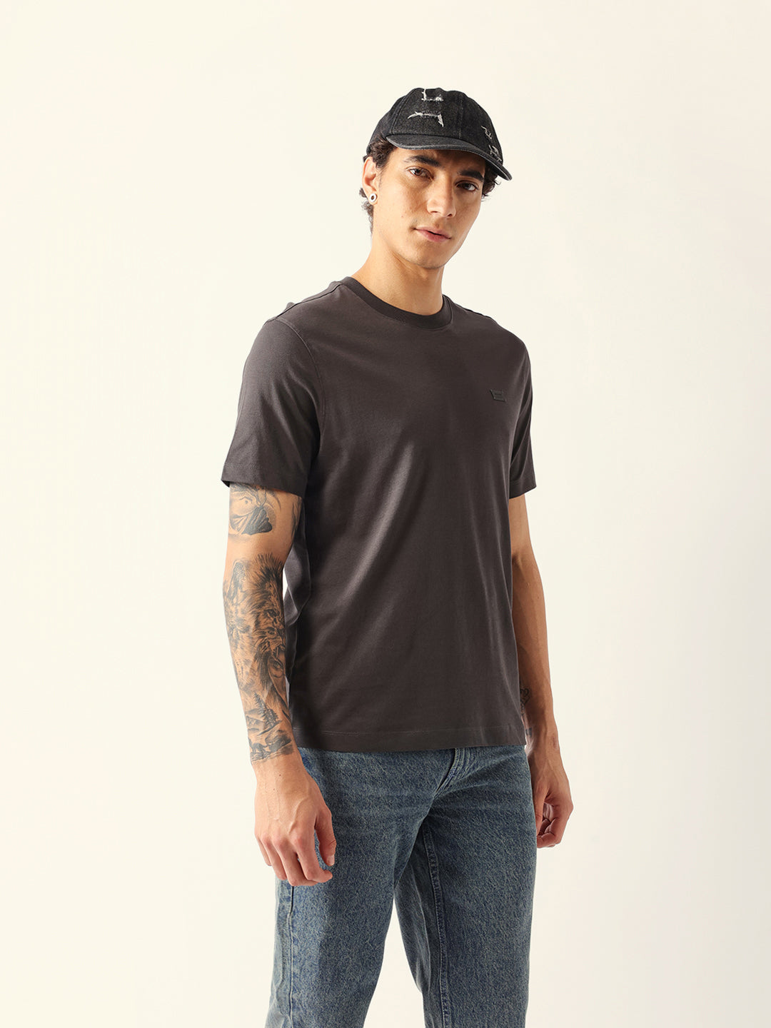 Men Grey Cotton Solid T-Shirt