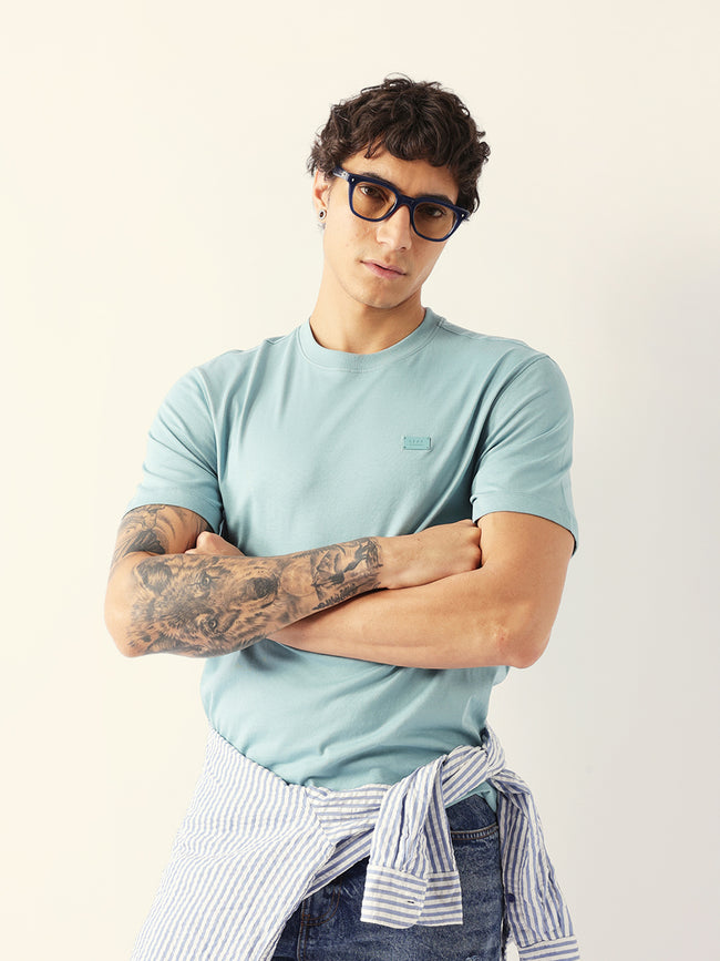 Men Blue Solid Cotton Crew Neck T-Shirt