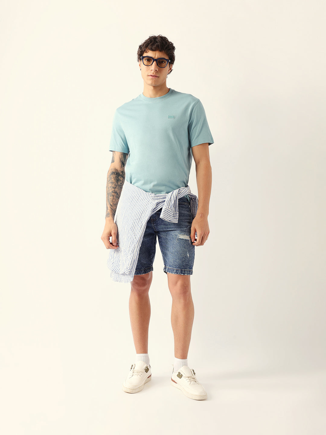 Men Blue Solid Cotton Crew Neck T-Shirt