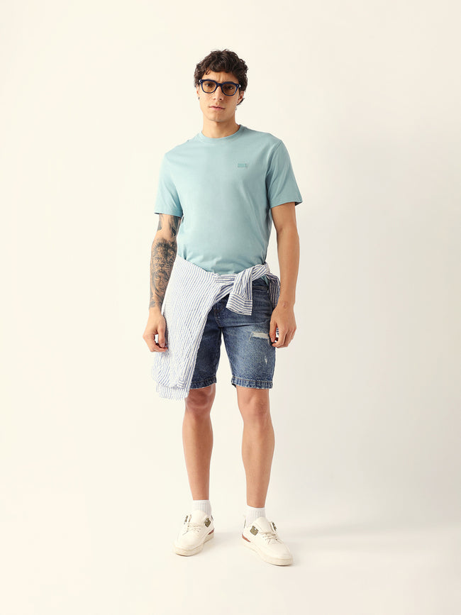 Men Blue Solid Cotton Crew Neck T-Shirt