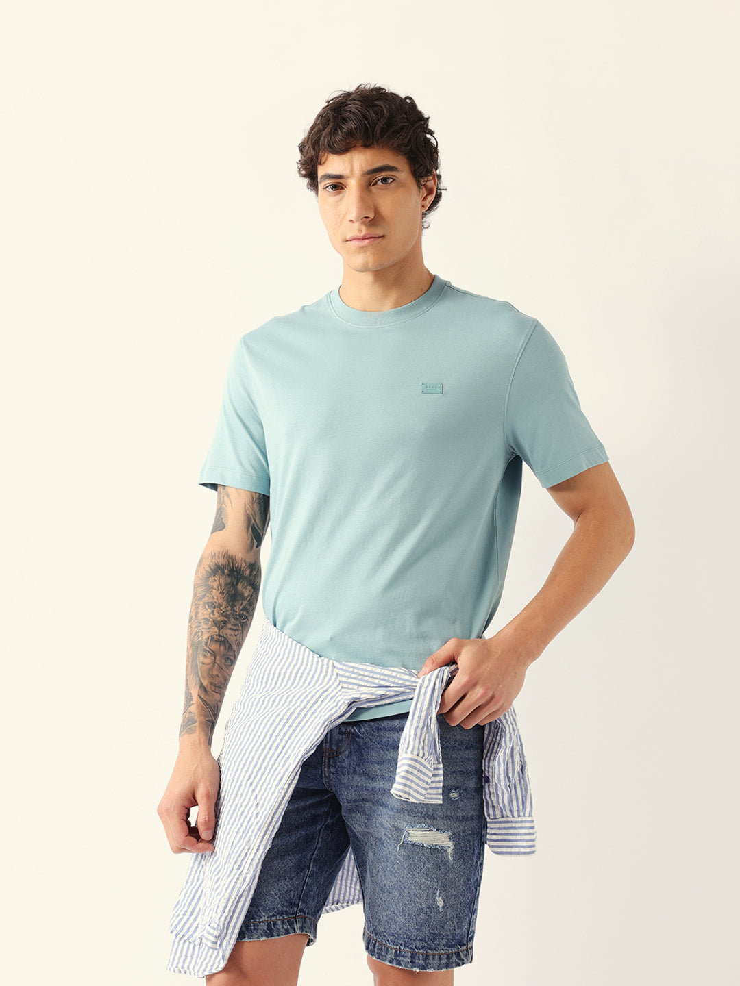 Men Blue Solid Cotton Crew Neck T-Shirt