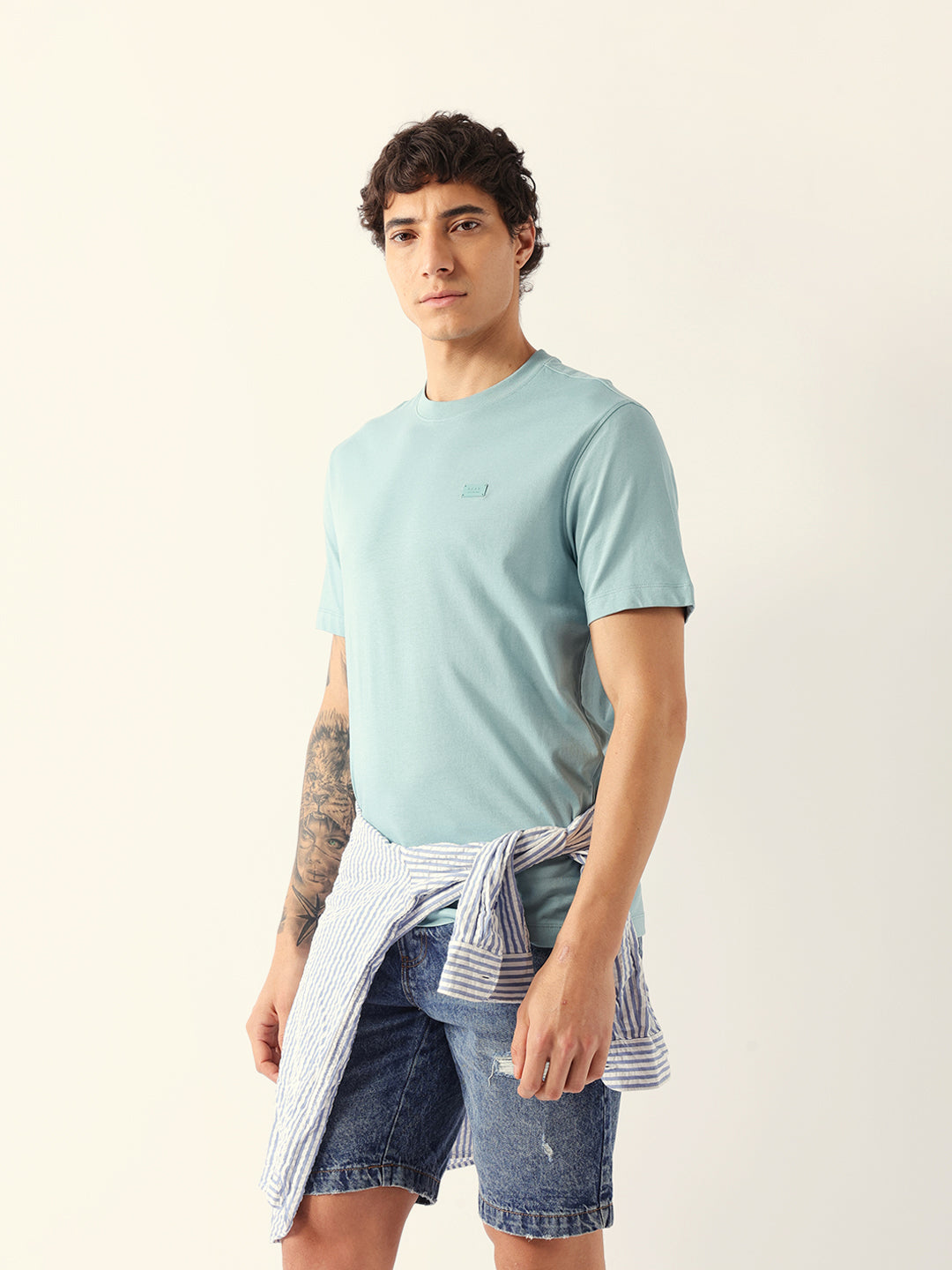 Men Blue Solid Cotton Crew Neck T-Shirt