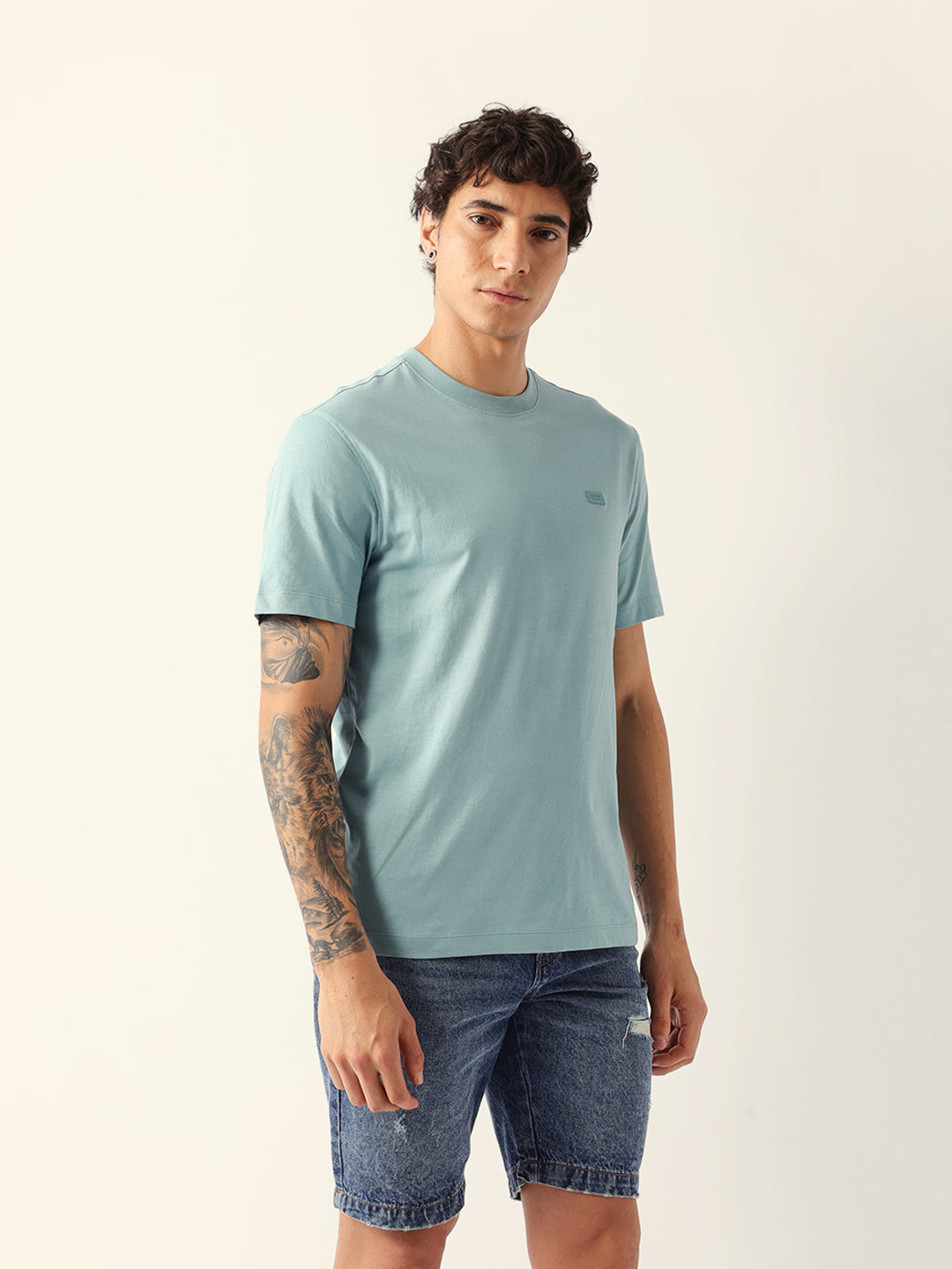 Men Blue Solid Cotton Crew Neck T-Shirt