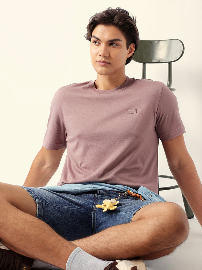 Men Peach Cotton Solid T-Shirt