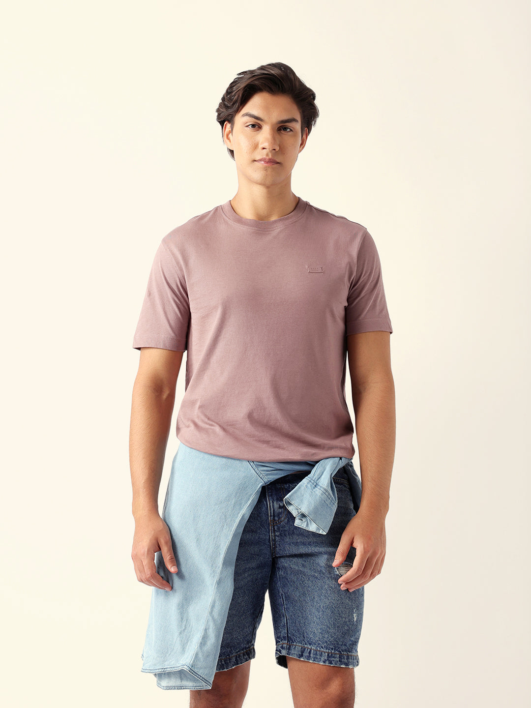 Men Peach Cotton Solid T-Shirt