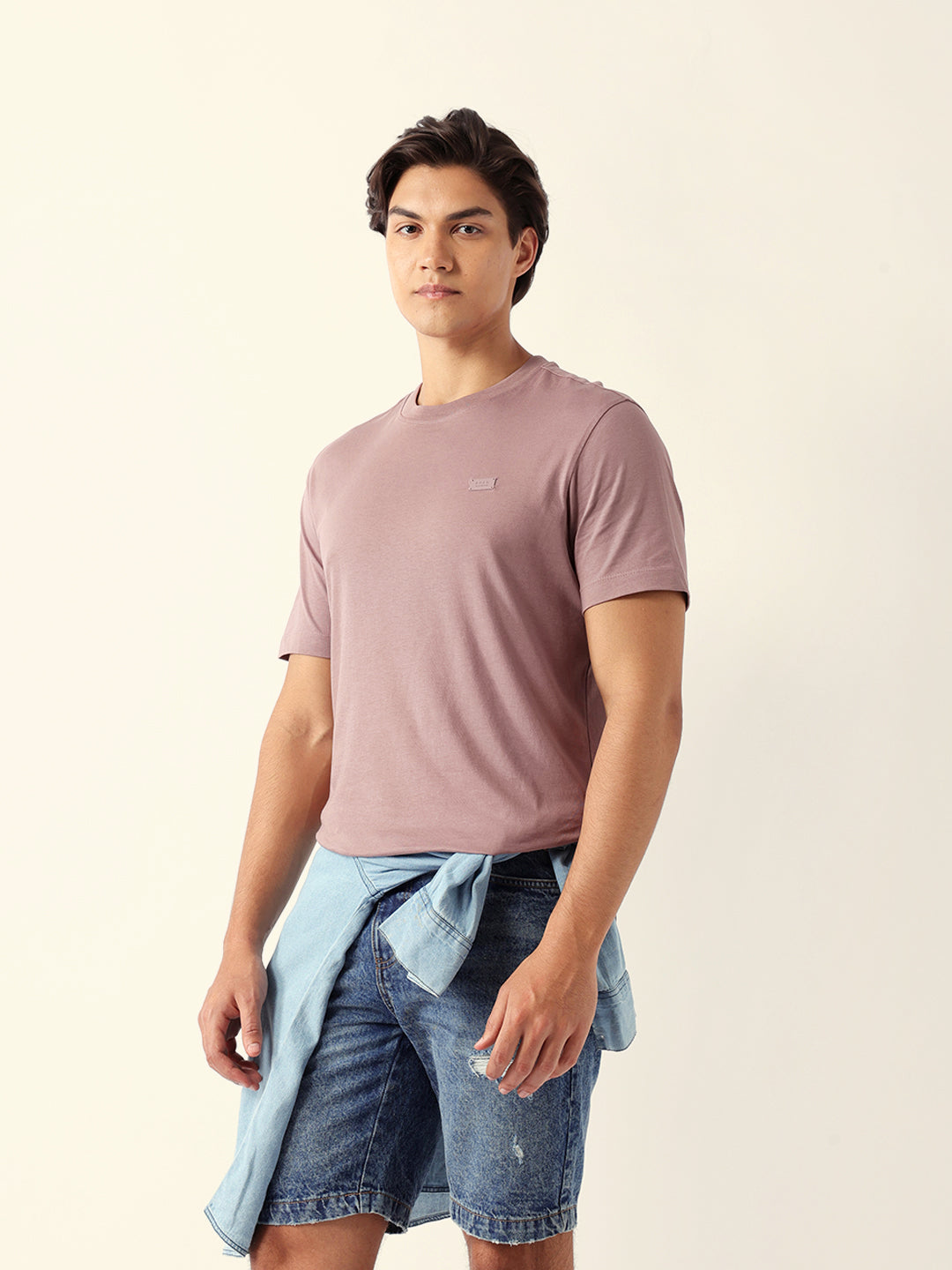 Men Peach Cotton Solid T-Shirt