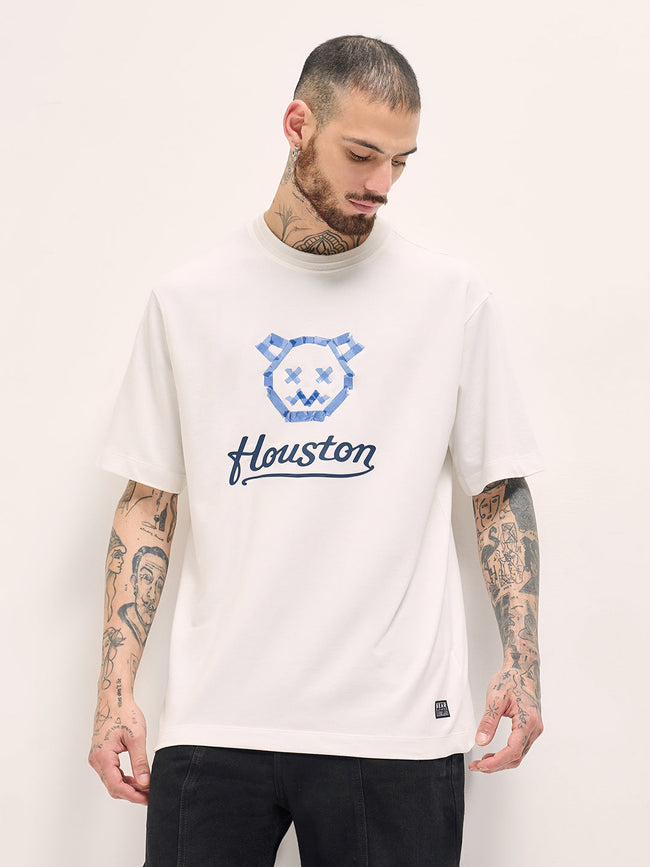 Men White Taped Bear Graphic Print Oversize Crew Neck T-shirt