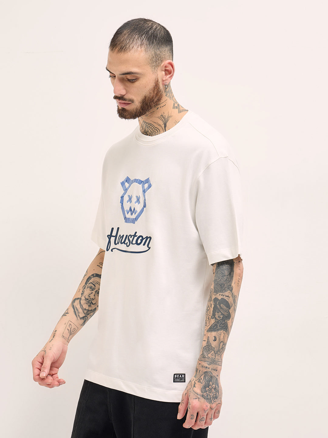 Men White Taped Bear Graphic Print Oversize Crew Neck T-shirt
