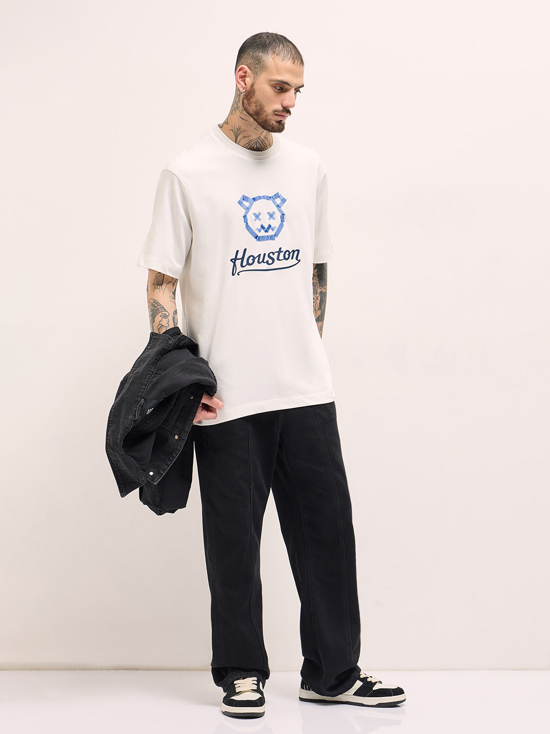Men White Taped Bear Graphic Print Oversize Crew Neck T-shirt