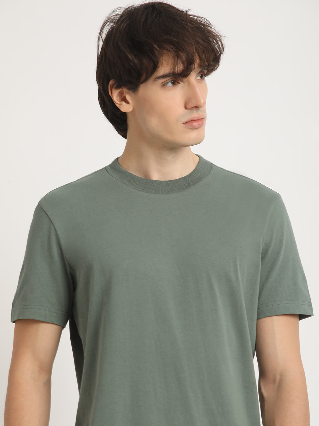 Men Green Solid Regular Fit Round Neck T Shirt | The Bear House