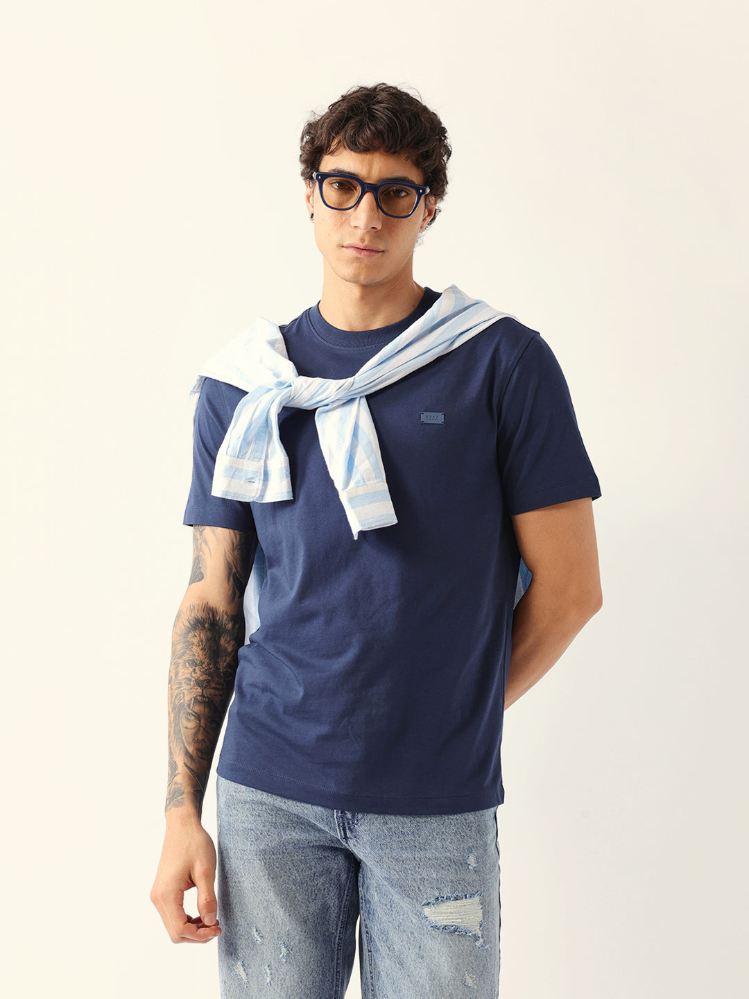 Men Navy Solid Cotton Crew Neck T-Shirt