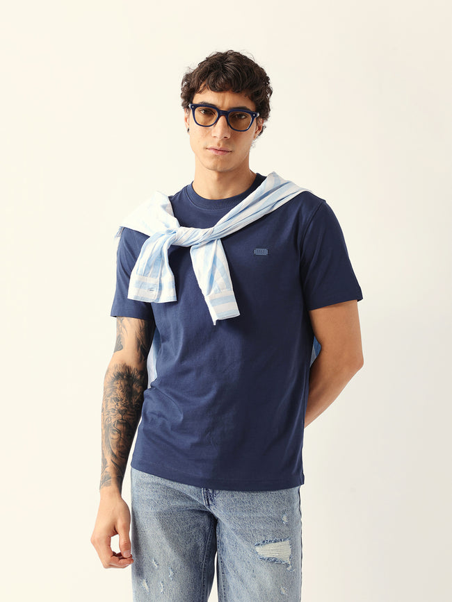 Men Navy Solid Cotton Crew Neck T-Shirt