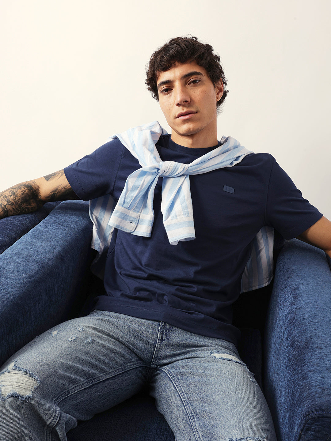 Men Navy Solid Cotton Crew Neck T-Shirt